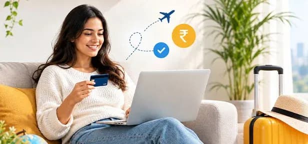 Traveler planning a trip and earning travel rewards